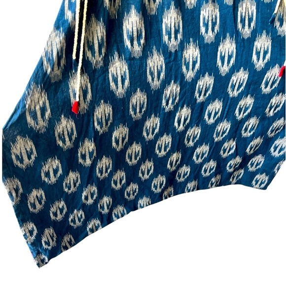 Yell Boho Linen Ikat Print Harem Drop Crotch Jumpsuit Blue Relaxed Festival M - Picture 6 of 12